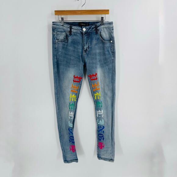 Pheelings Jeans Men’s 34 Blue Denim Skinny Fit Rainbow Gothic Logo Embroidered - Picture 12 of 12